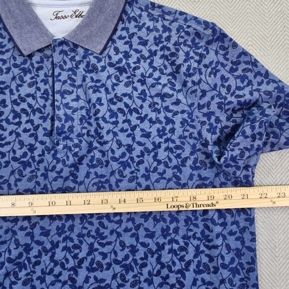 Tasso Elba Polo Shirt Men's Medium Navy Blue Floral Short Sleeve Hidden Buttons - Picture 8 of 12
